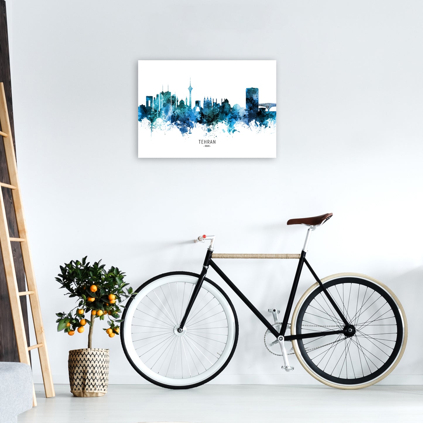 Tehran Iran Skyline Blue City Name Print by Michael Tompsett A2 Black Frame