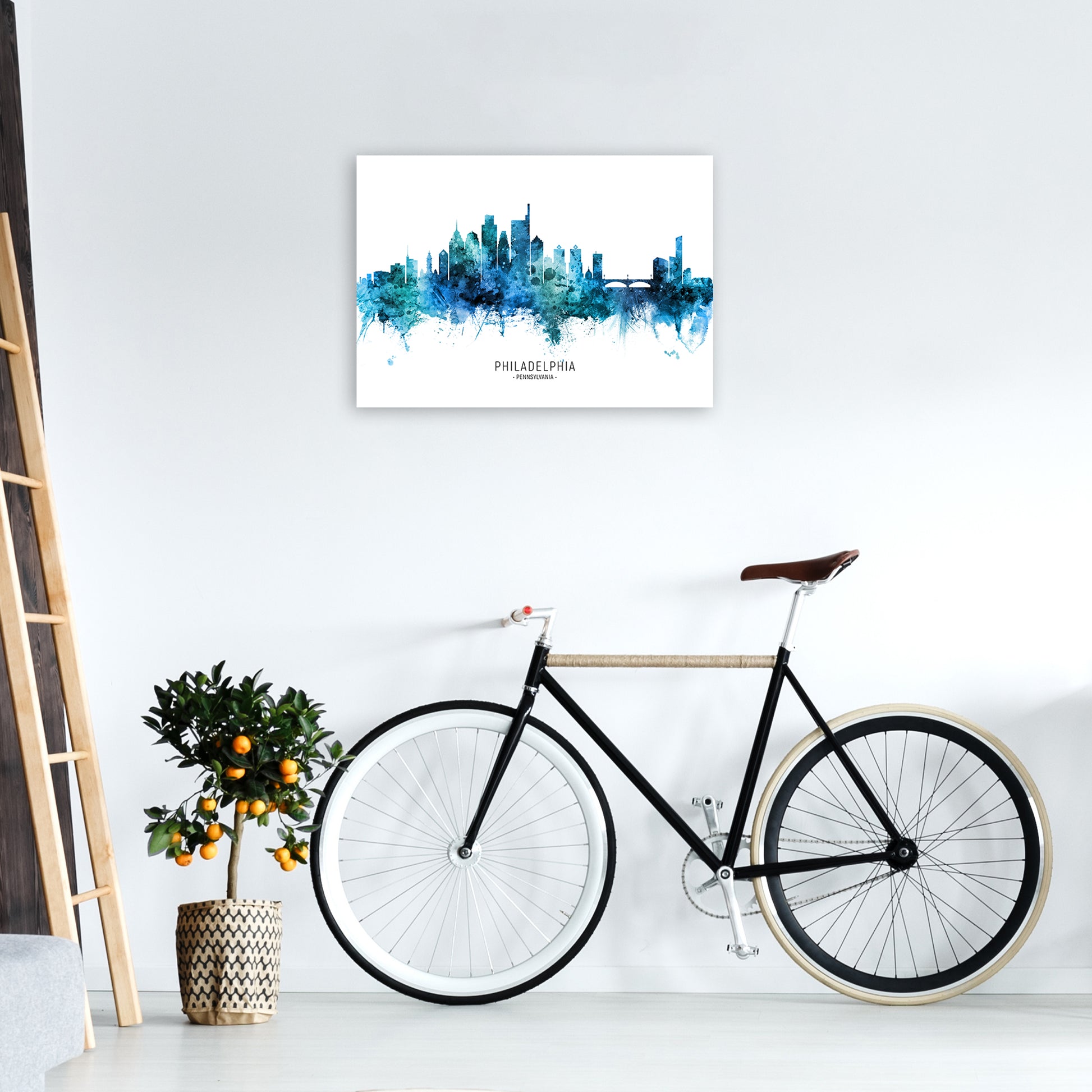 Philadelphia Pennsylvania Skyline Blue City Name  by Michael Tompsett A2 Black Frame