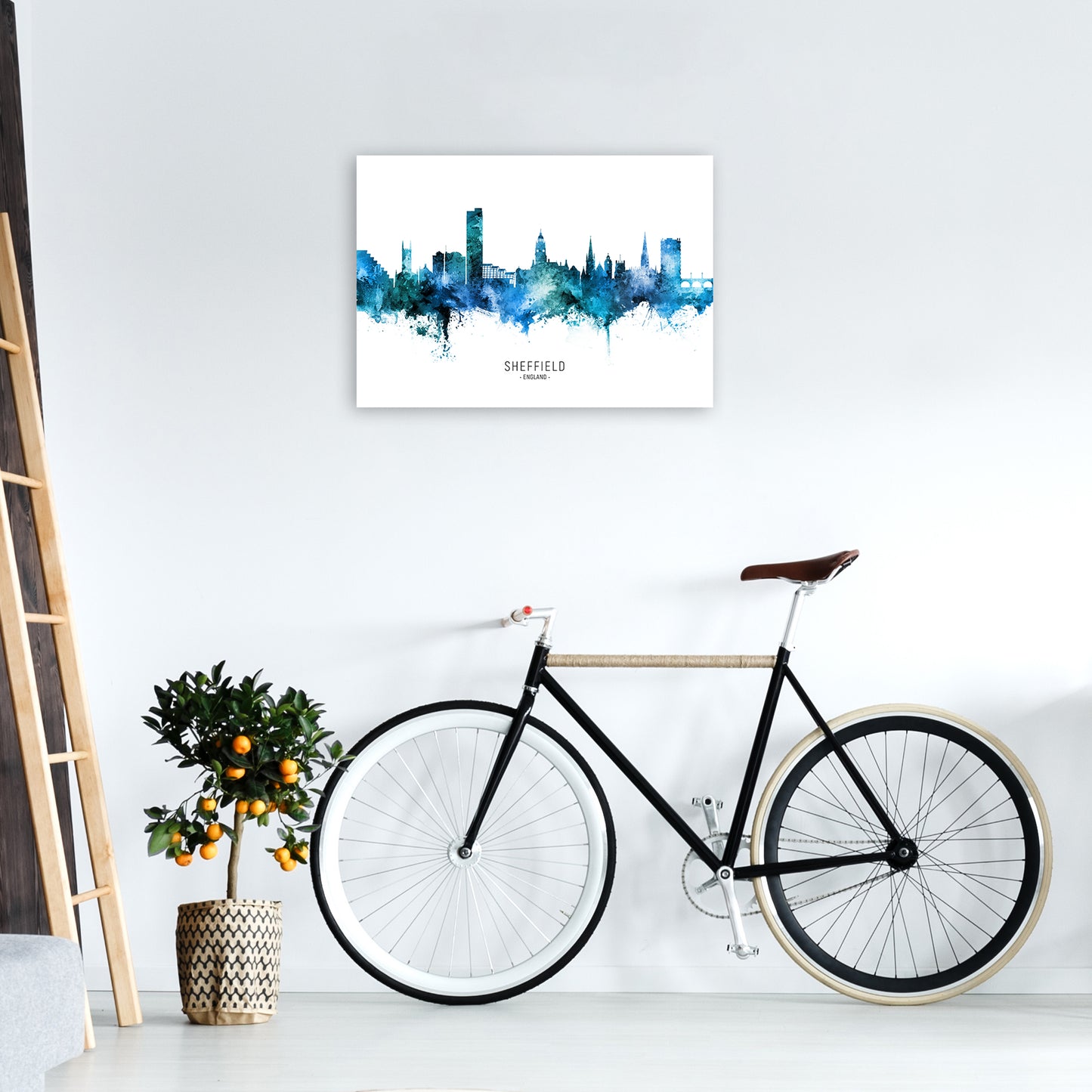 Sheffield England Skyline Blue City Name by Michael Tompsett A2 Black Frame