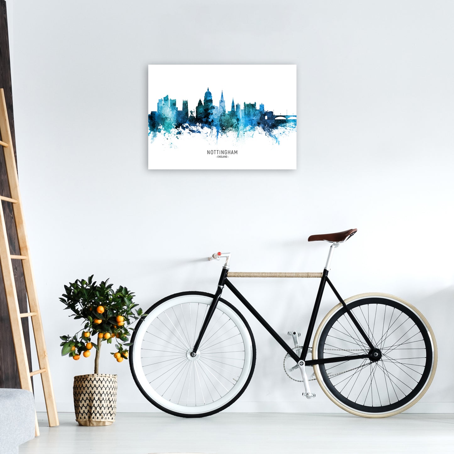Nottingham England Skyline Blue City Name by Michael Tompsett A2 Black Frame