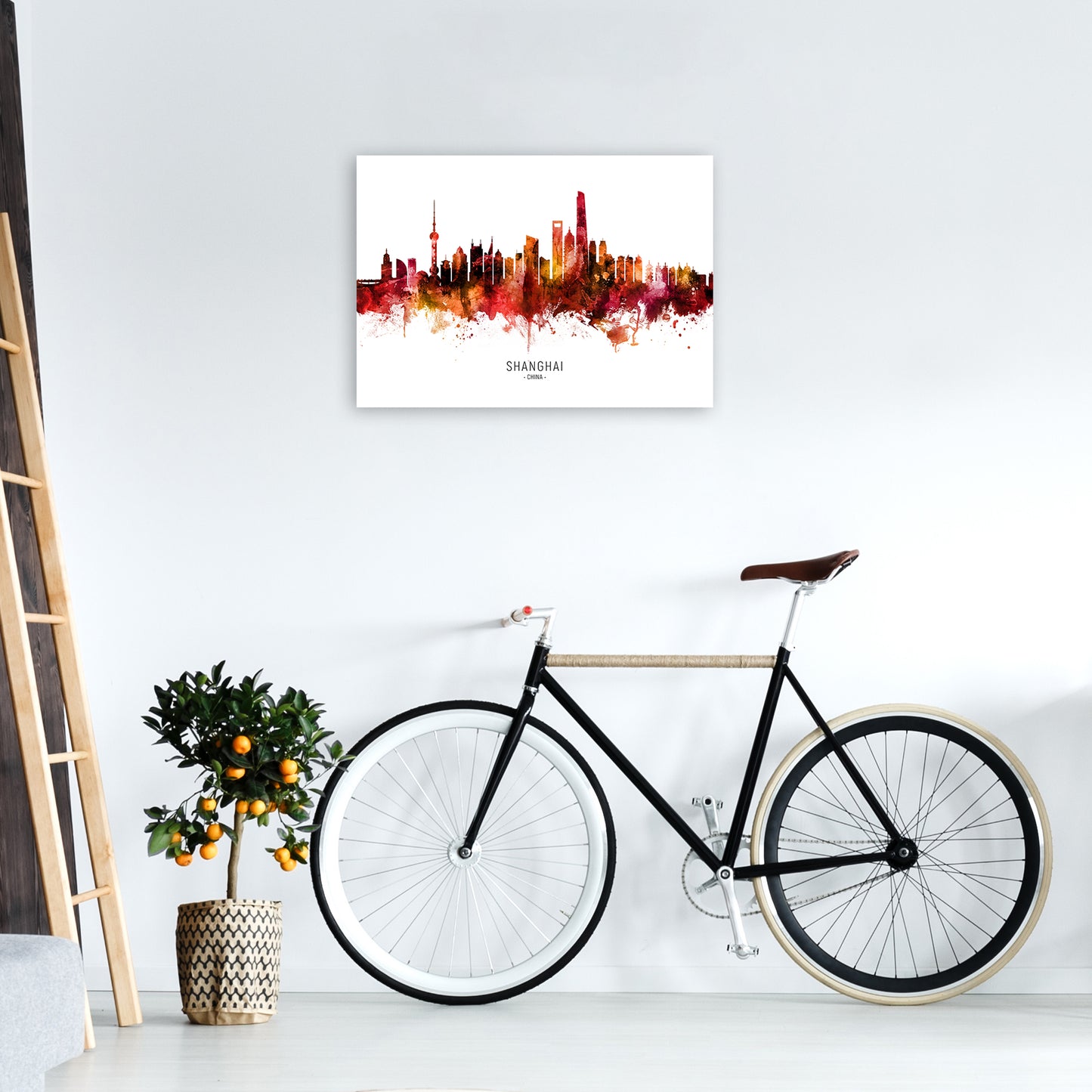 Shanghai China Skyline Red City Name by Michael Tompsett A2 Black Frame