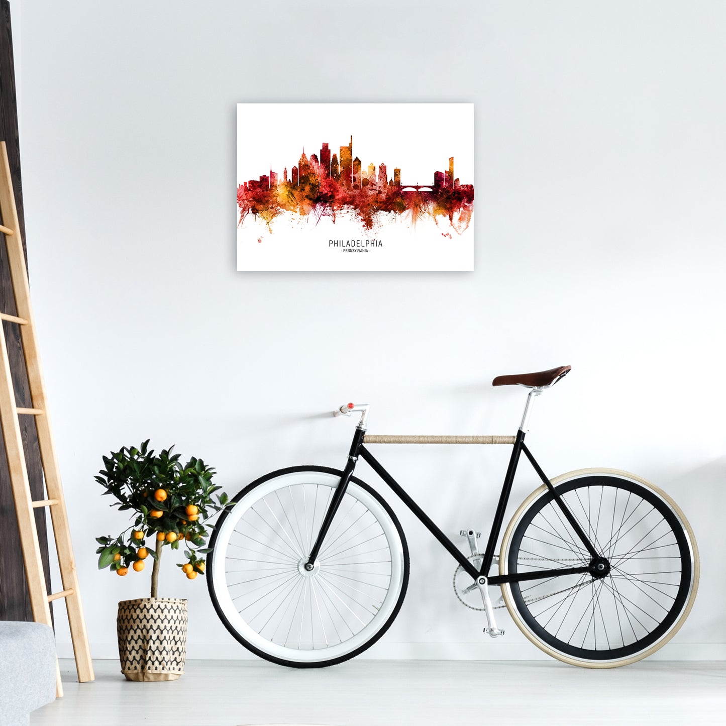 Philadelphia Pennsylvania Skyline Red City Name by Michael Tompsett A2 Black Frame