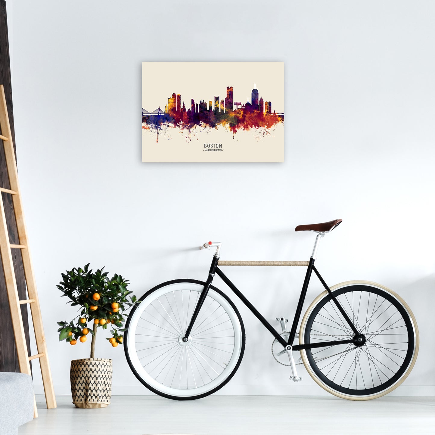 Boston Massachusetts Skyline Autumn City Name Art Print by Michael Tompsett A2 Black Frame