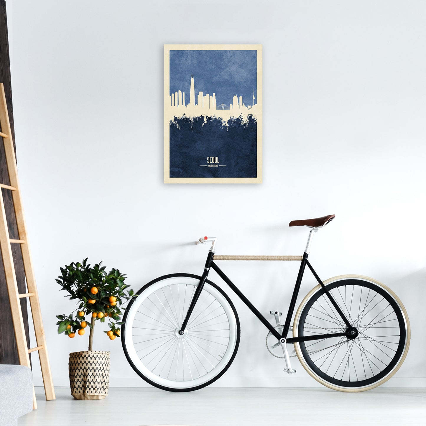Seoul South Korea Skyline Portrait Navy Art Print by Michael Tompsett A2 Black Frame