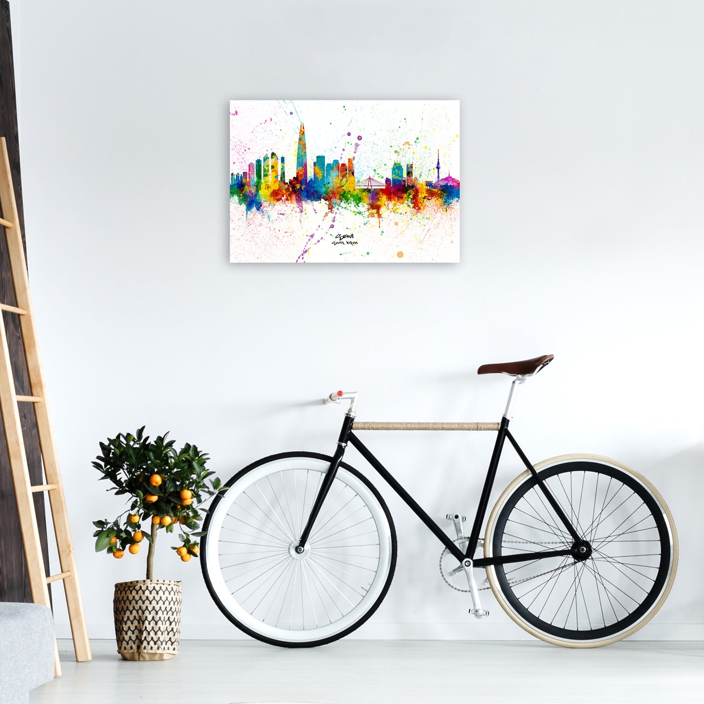 Seoul South Korea Skyline Splash Art Print by Michael Tompsett A2 Black Frame