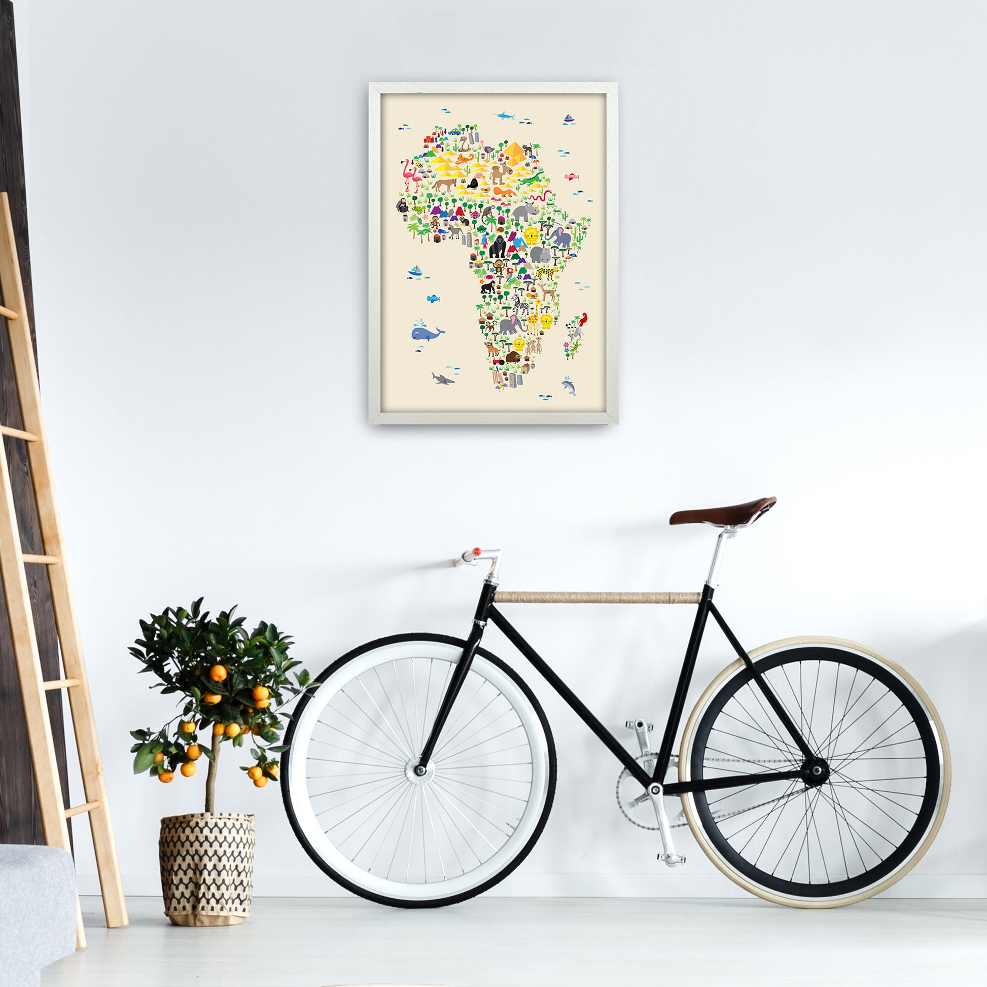 Animal Map of Africa Beige  Art Print by Michael Tompsett A2 Oak Frame