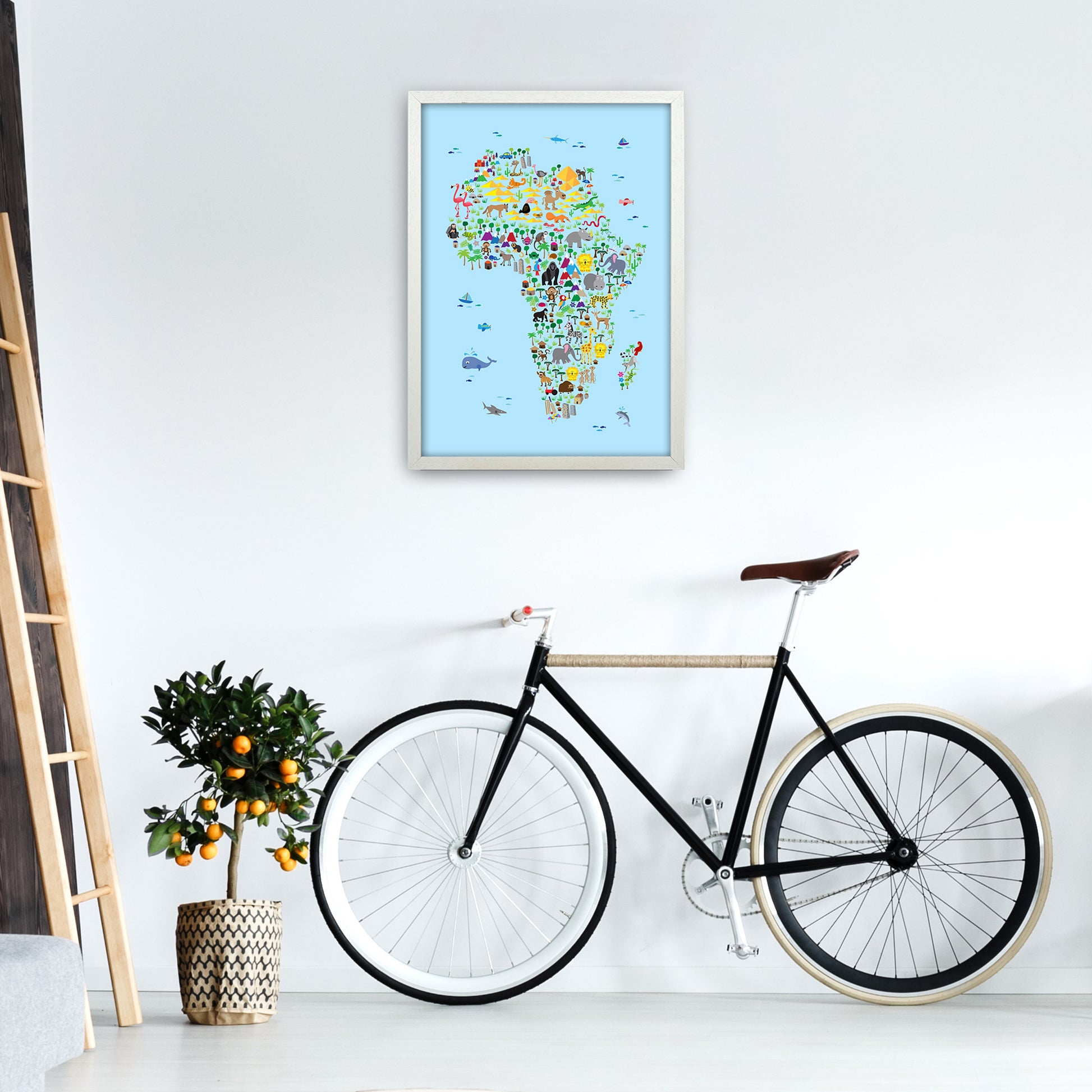 Animal Map of Africa Blue Nursery Print by Michael Tompsett A2 Oak Frame