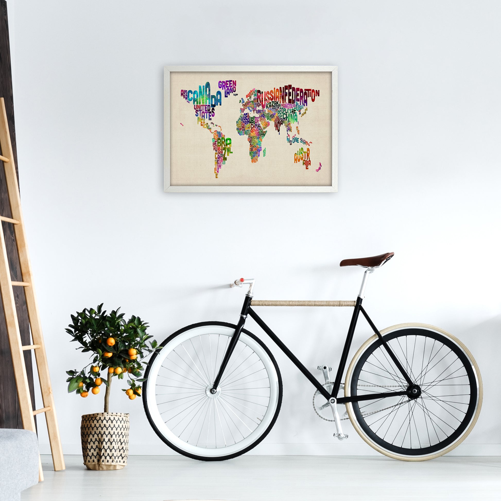 Text Map of the World Art Print by Michael Tompsett A2 Oak Frame