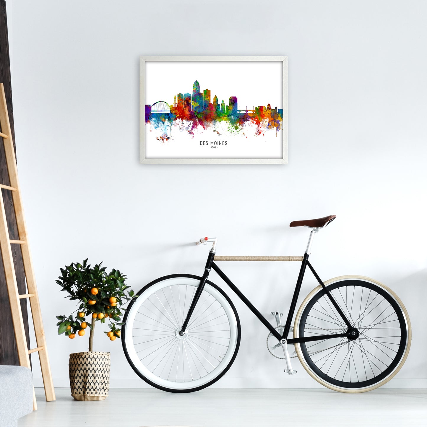 Des Moines Iowa Skyline Art Print by Michael Tompsett A2 Oak Frame