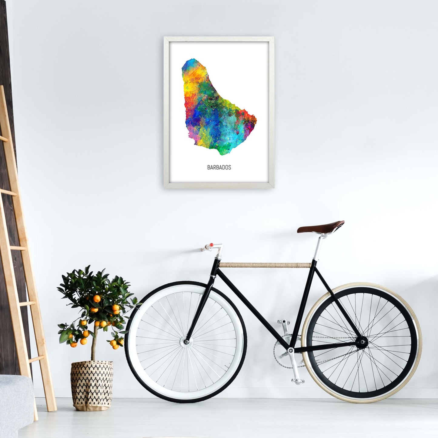 Barbados Watercolour Map Art Print by Michael Tompsett A2 Oak Frame