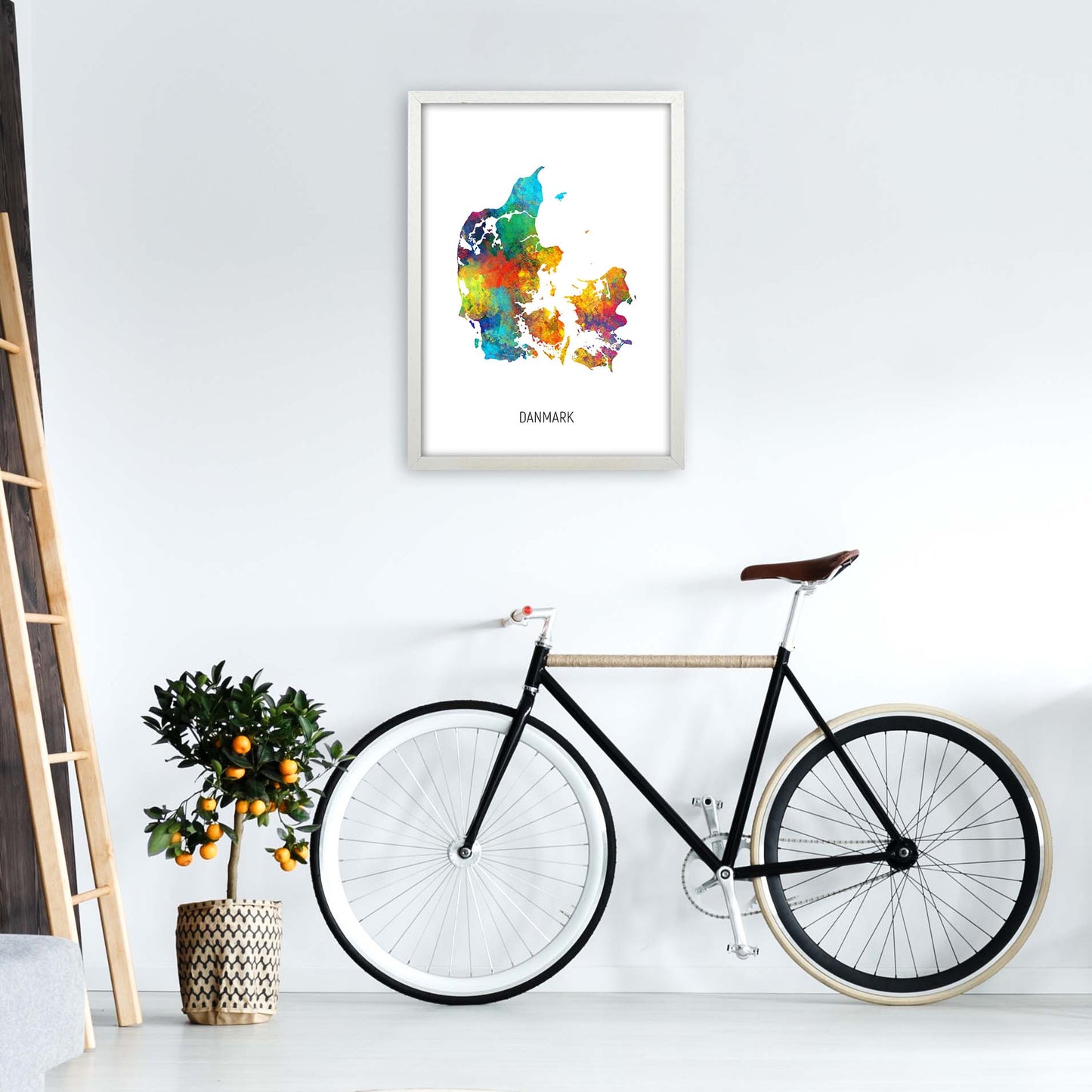 Danmark Watercolour Map Art Print by Michael Tompsett A2 Oak Frame