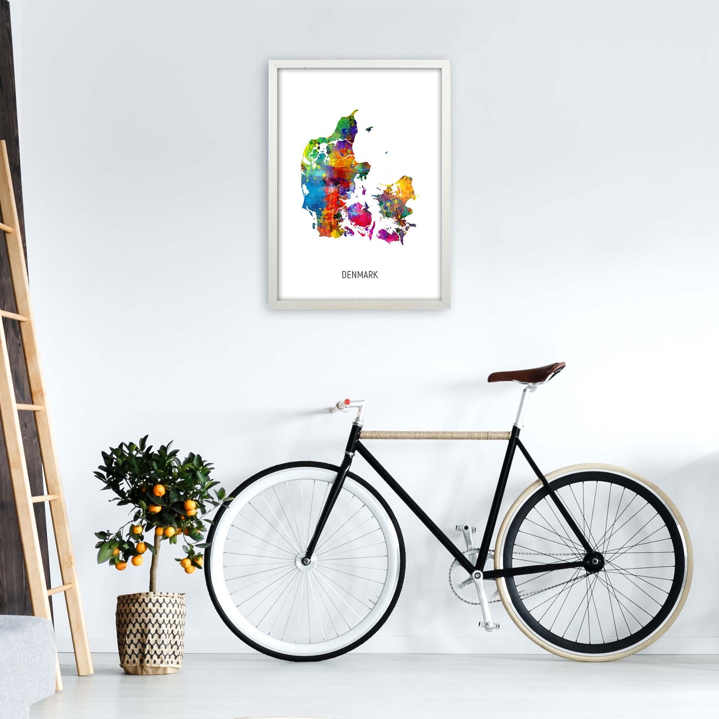 Denmark Watercolour Map Art Print by Michael Tompsett A2 Oak Frame