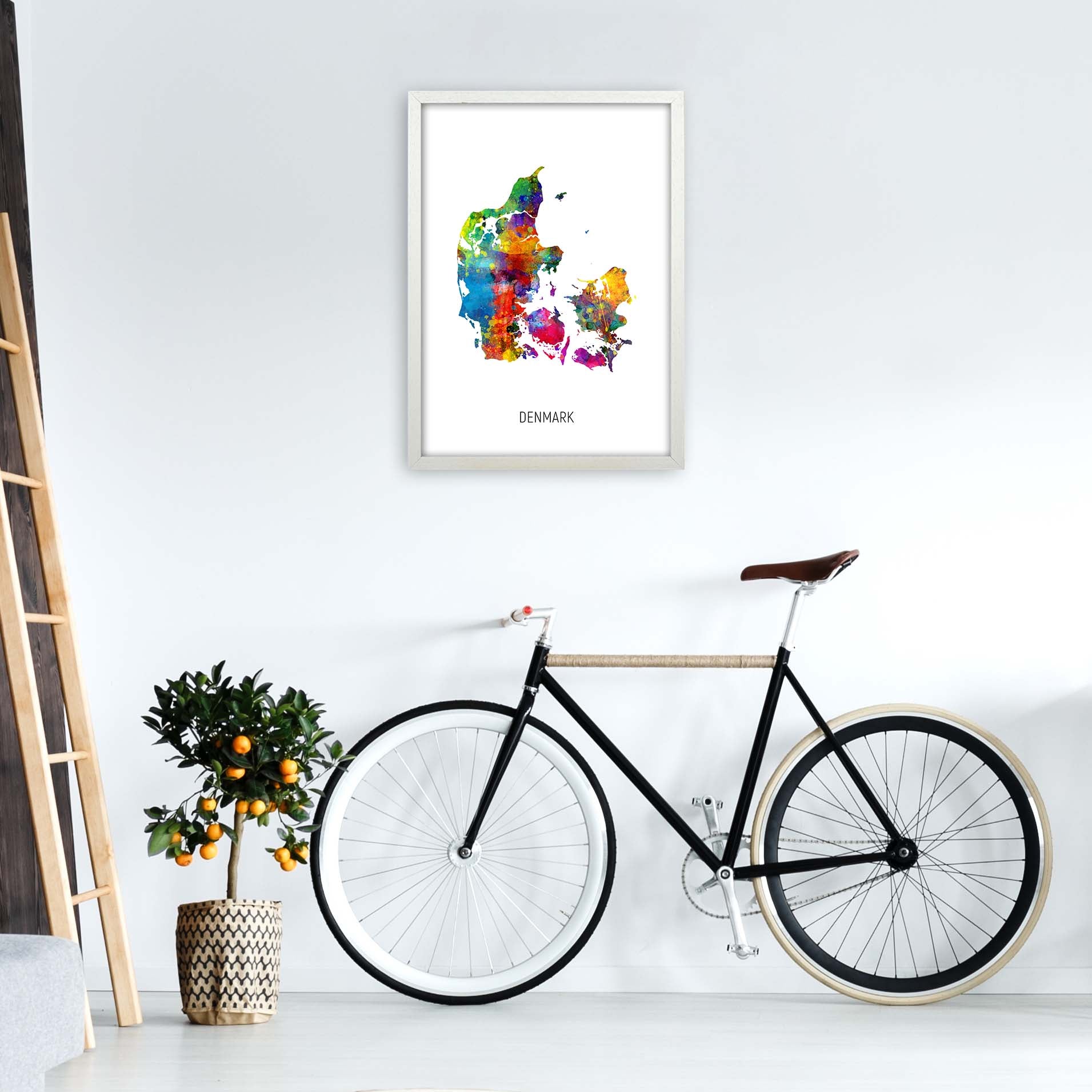Denmark Watercolour Map Art Print by Michael Tompsett A2 Oak Frame