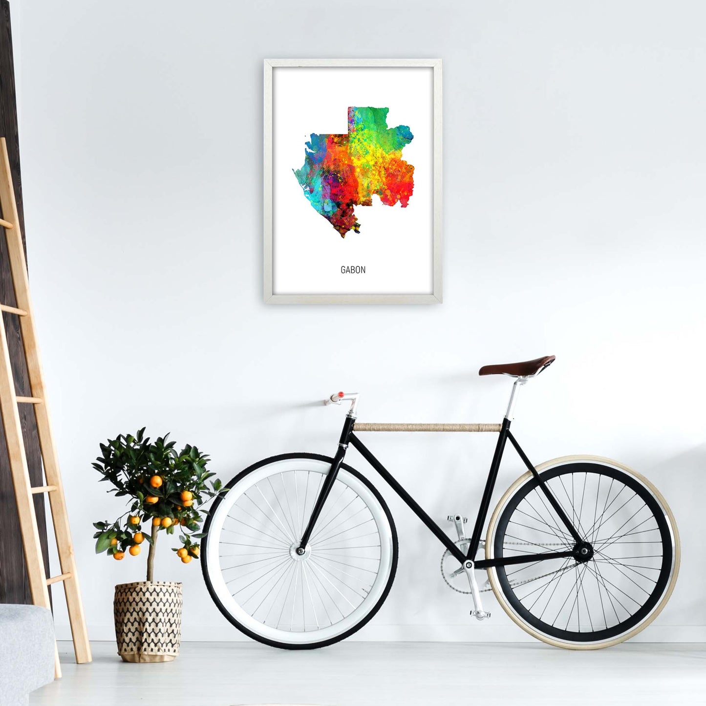 Gabon Watercolour Map Art Print by Michael Tompsett A2 Oak Frame