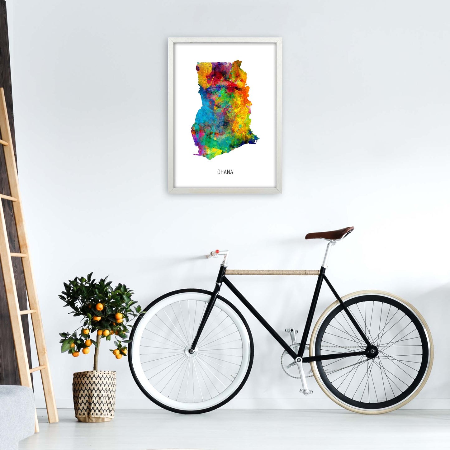 Ghana Watercolour Map Art Print by Michael Tompsett A2 Oak Frame