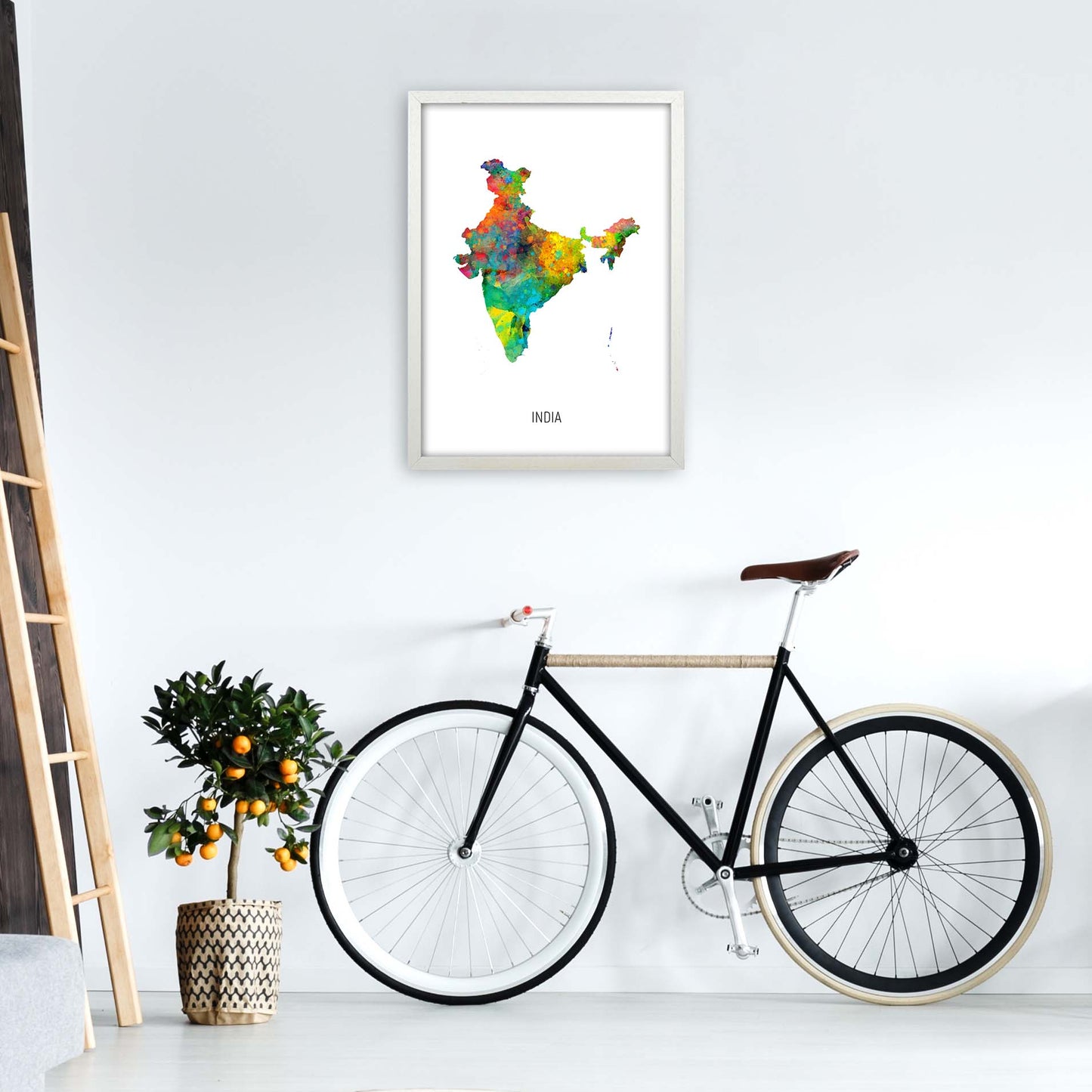 India Watercolour Map Art Print by Michael Tompsett A2 Oak Frame