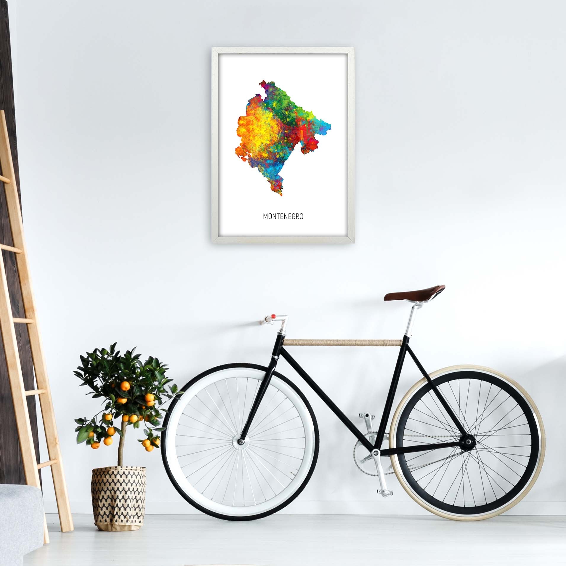 Montenegro Watercolour Map Art Print by Michael Tompsett A2 Oak Frame