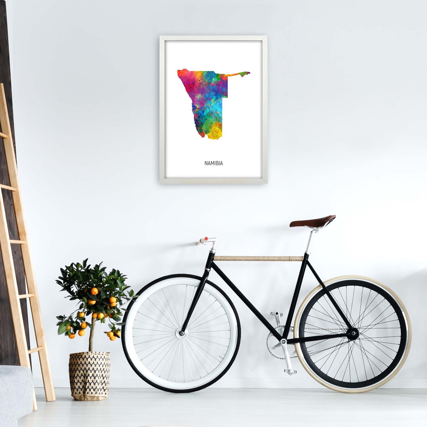 Namibia Watercolour Map Art Print by Michael Tompsett A2 Oak Frame