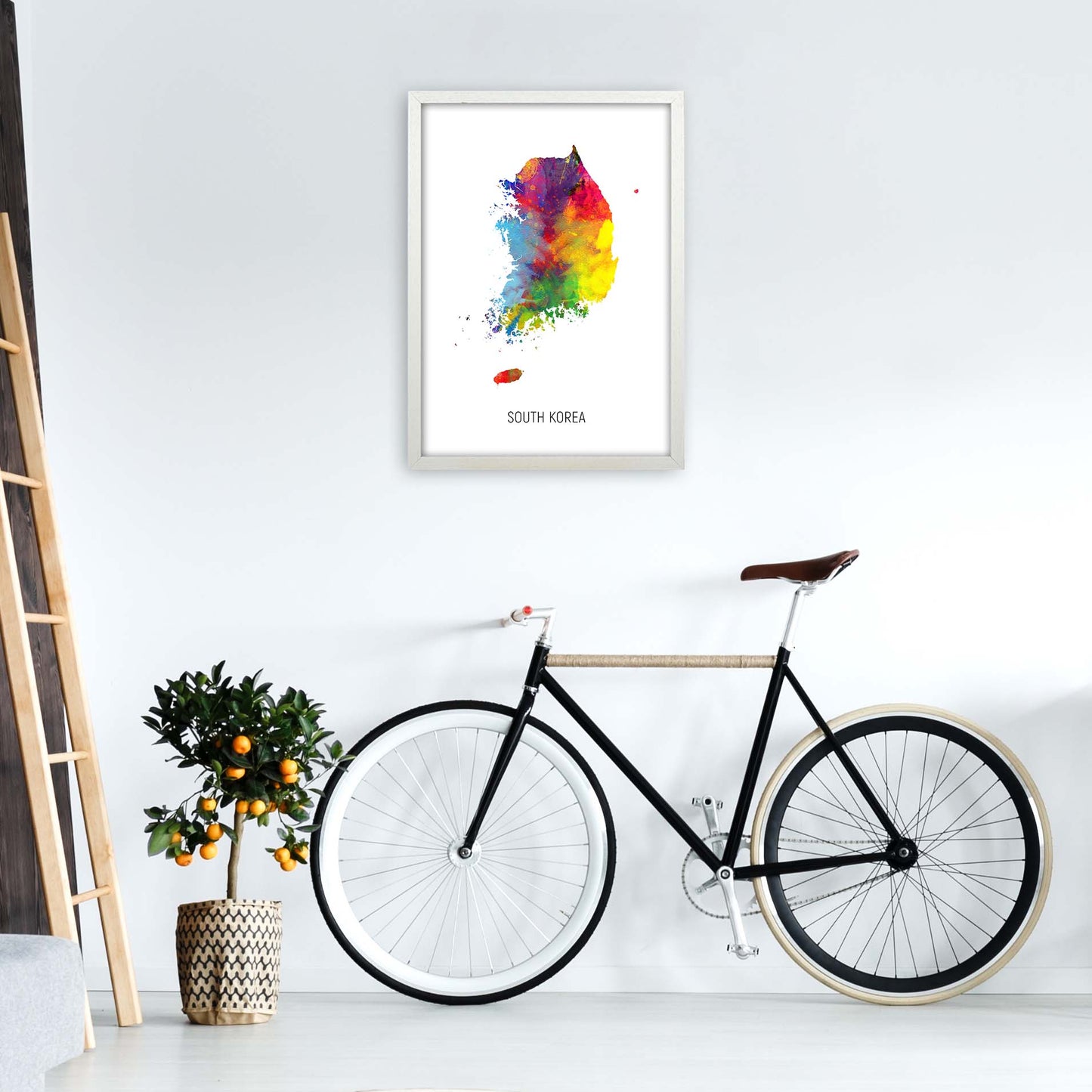 South Korea Watercolour Map Art Print by Michael Tompsett A2 Oak Frame