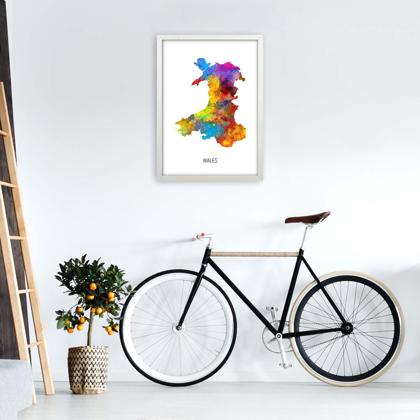 Wales Watercolour Map Art Print by Michael Tompsett A2 Oak Frame