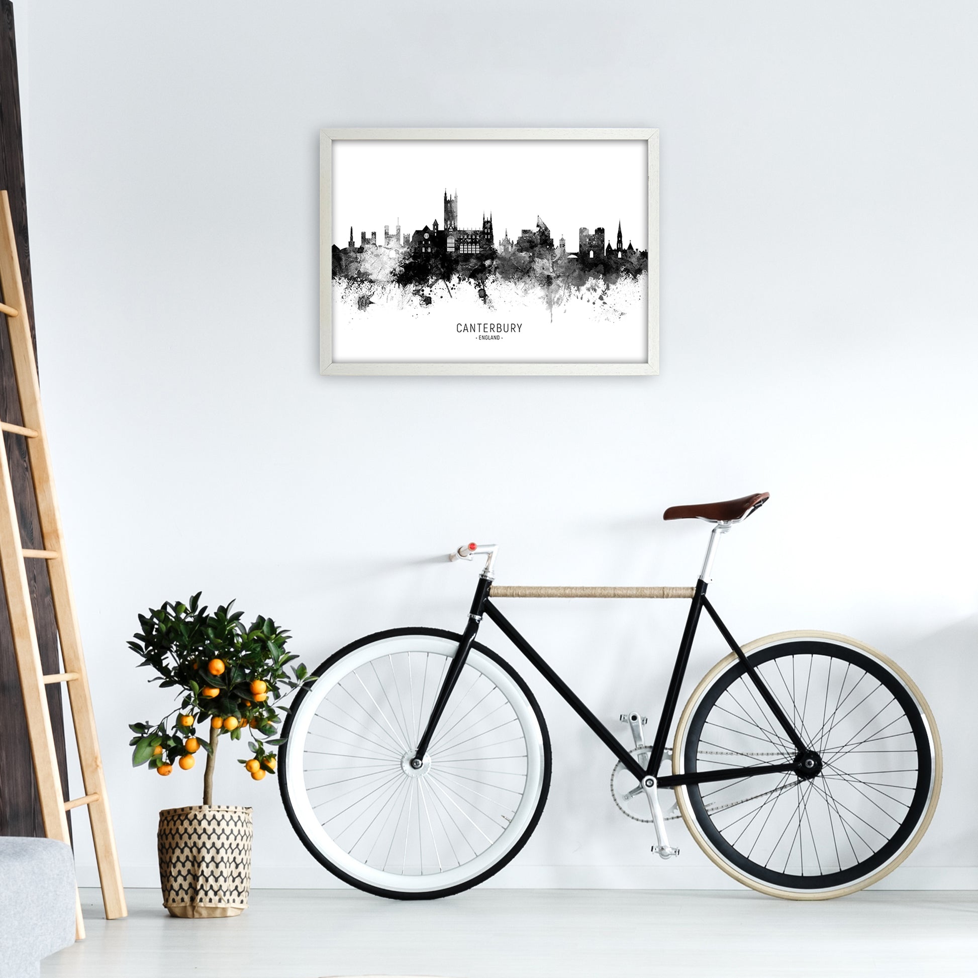 Canterbury England Skyline Black White City Name  by Michael Tompsett A2 Oak Frame