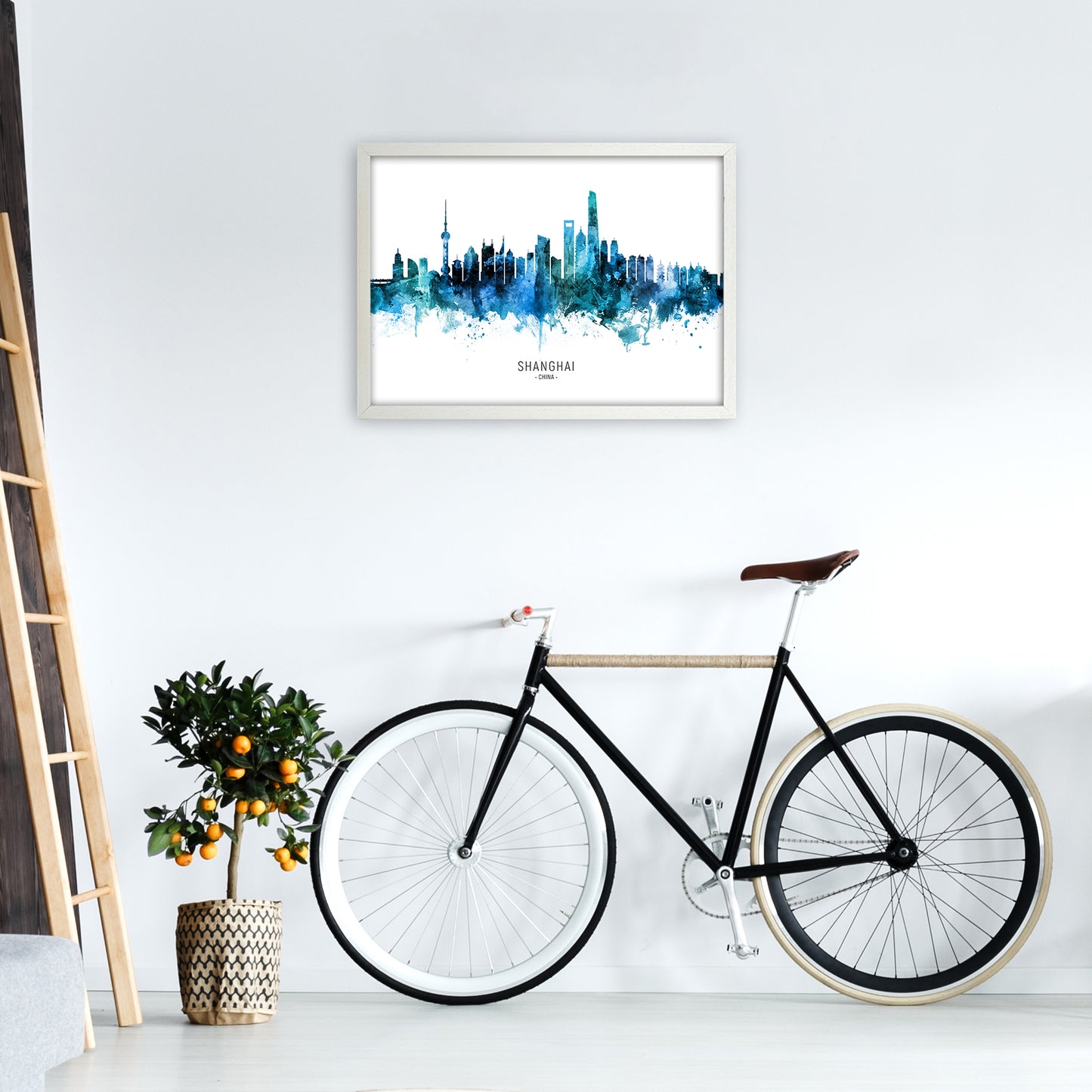 Shanghai China Skyline Blue City Name by Michael Tompsett A2 Oak Frame