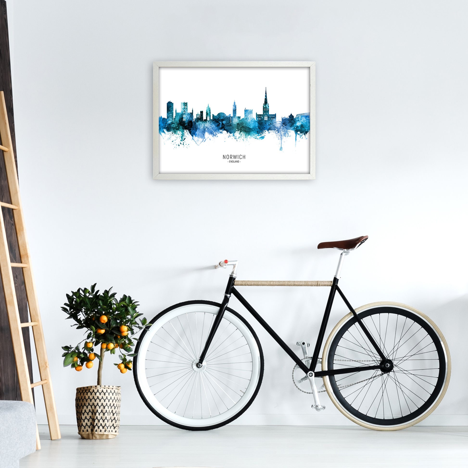 Norwich England Skyline Blue City Name  by Michael Tompsett A2 Oak Frame