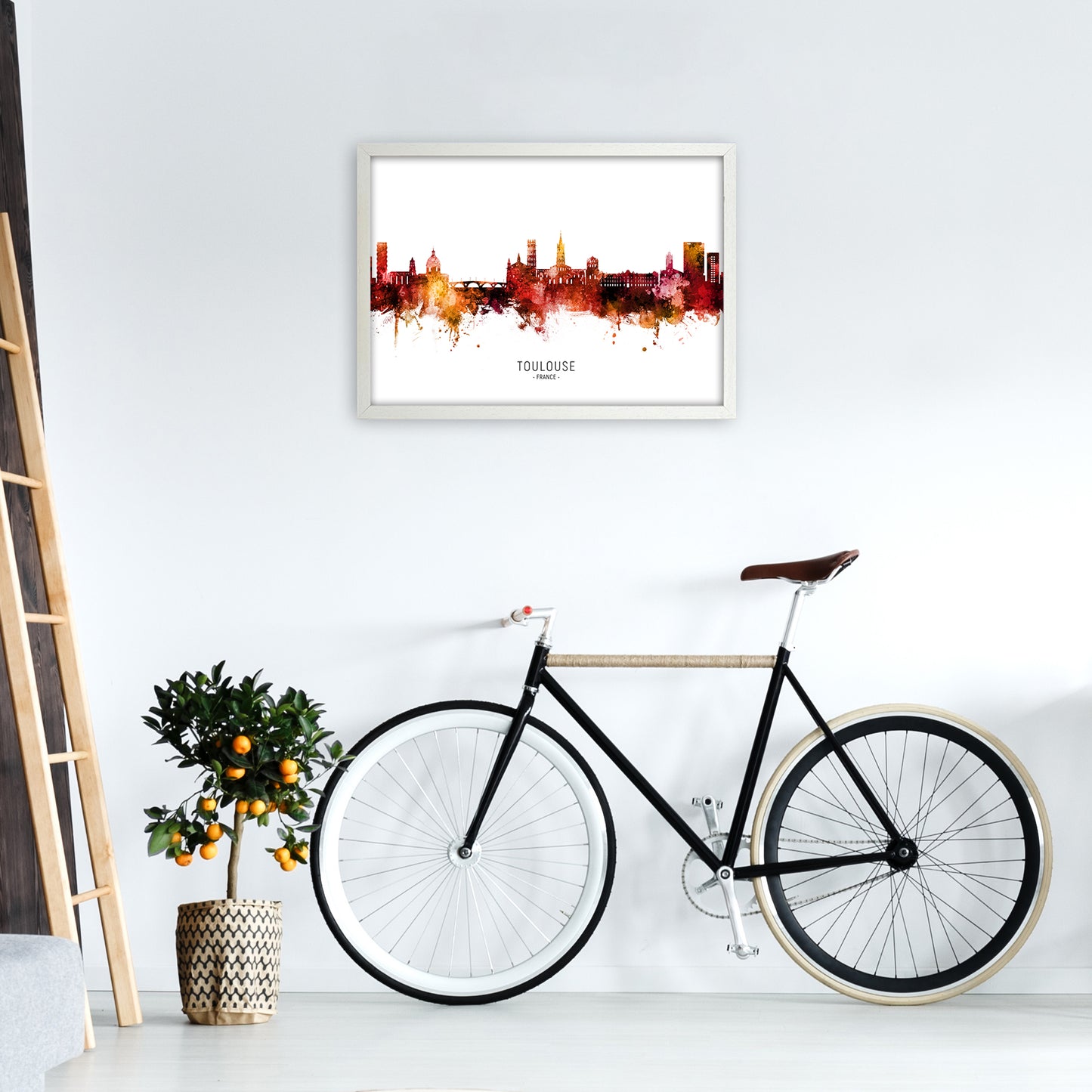 Toulouse France Skyline Red City Name by Michael Tompsett A2 Oak Frame