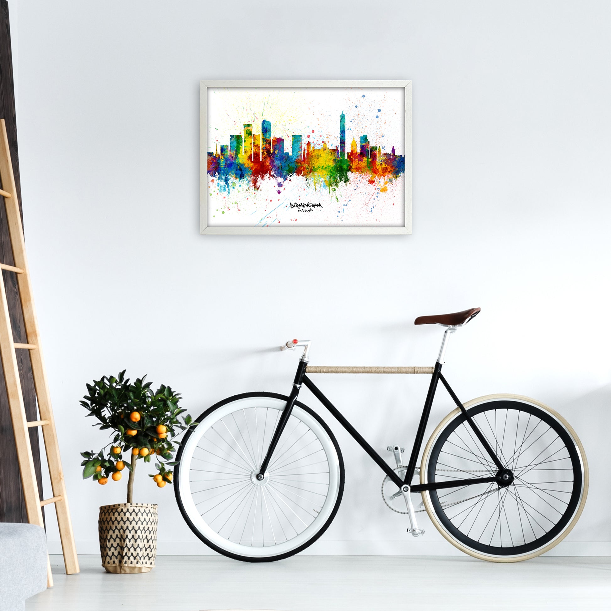Birmingham England Skyline Splash Art Print by Michael Tompsett A2 Oak Frame