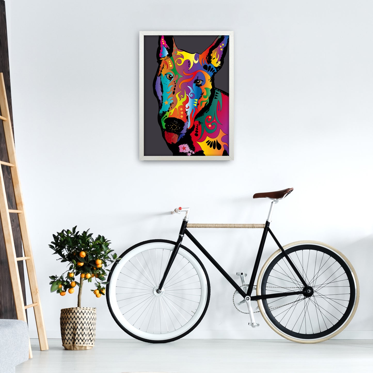 English Bull Terrier Dog Art Print by Michael Tompsett A2 Oak Frame
