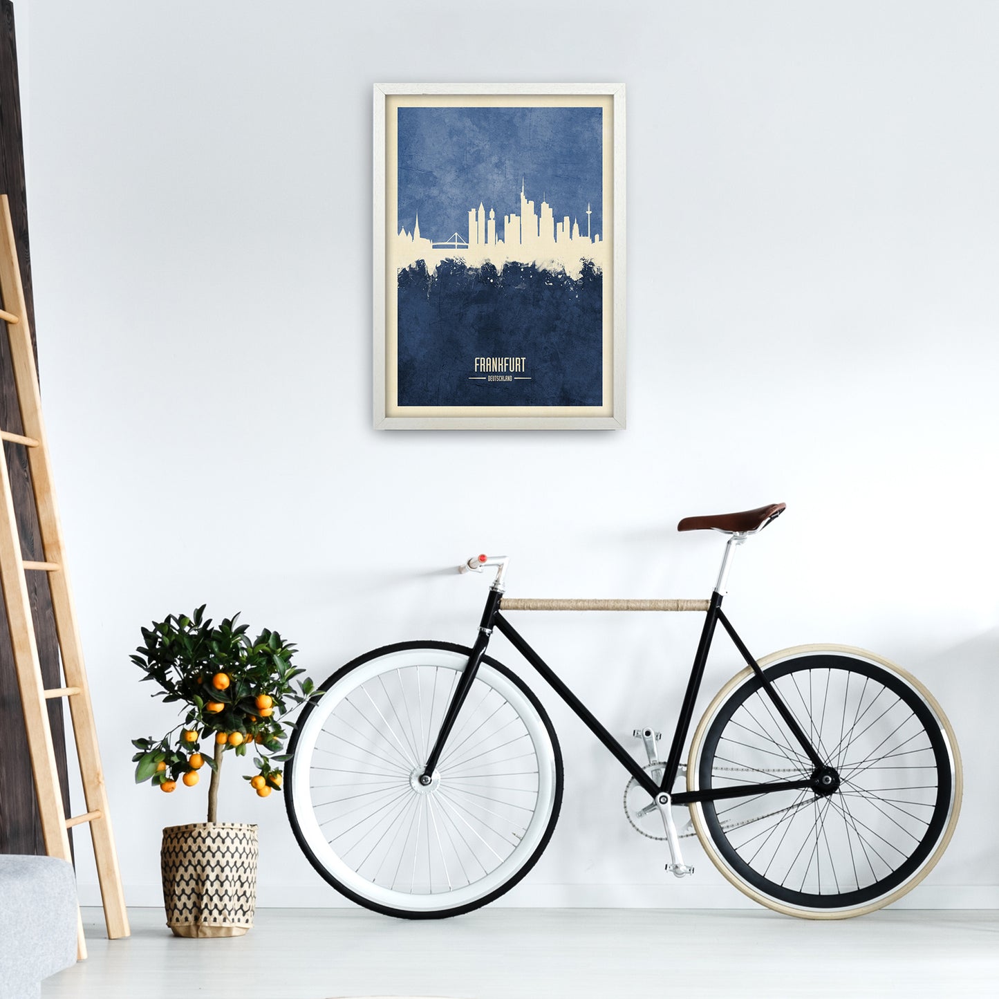 Frankfurt Germany Skyline Portrait Navy Art Print by Michael Tompsett A2 Oak Frame