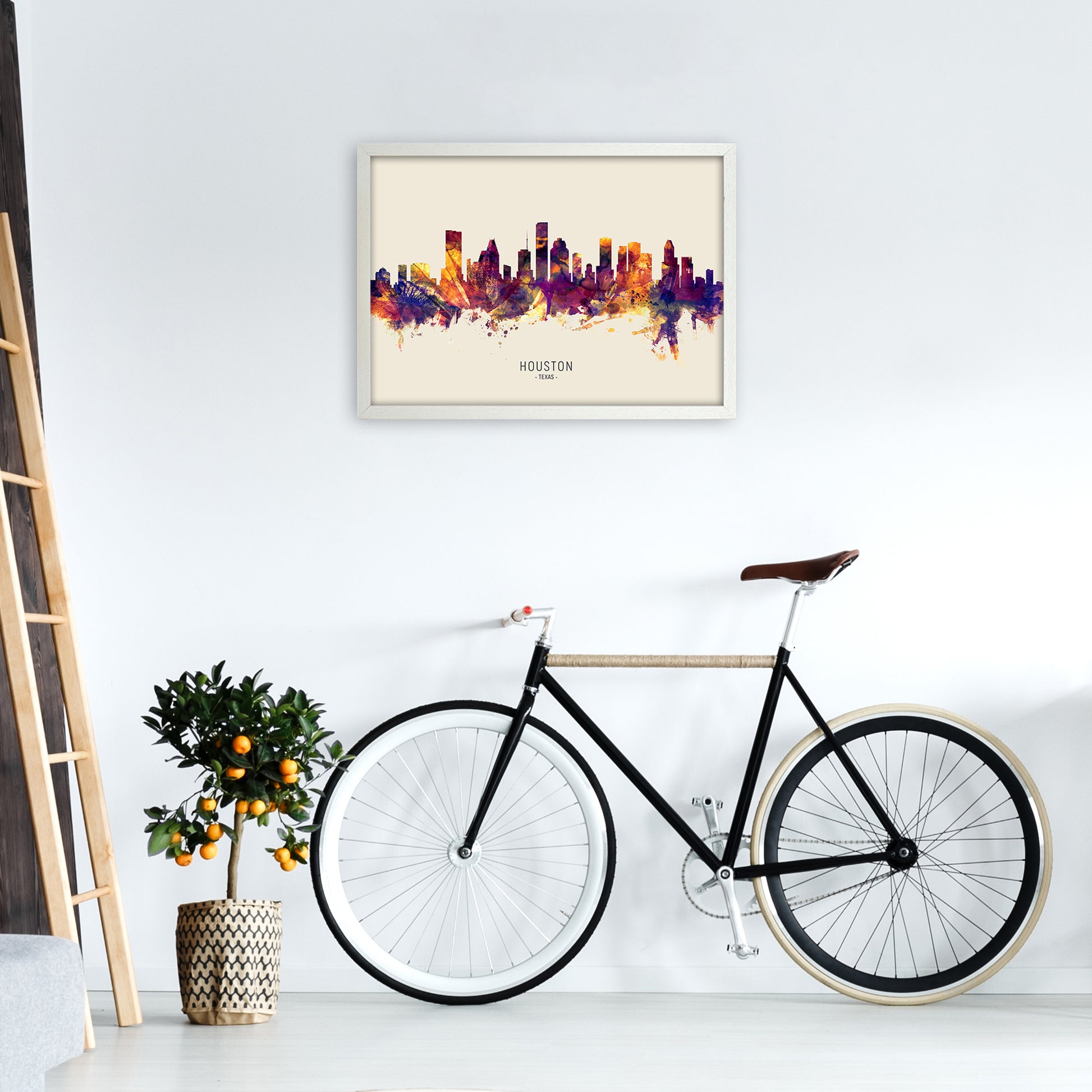 Houston Texas Skyline Autumn City Name Art Print by Michael Tompsett A2 Oak Frame