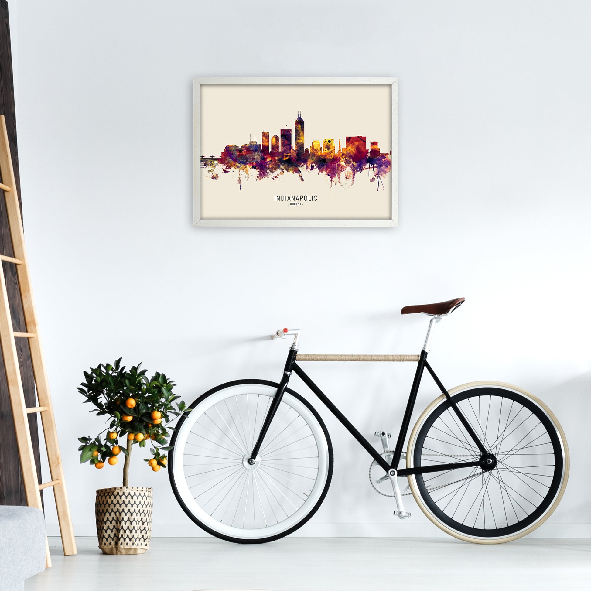 Indianapolis Indiana Skyline Autumn City Name Art Print by Michael Tompsett A2 Oak Frame