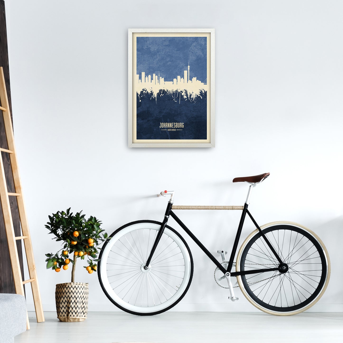 Johannesburg South Africa Skyline Portrait Navy Art Print by Michael Tompsett A2 Oak Frame