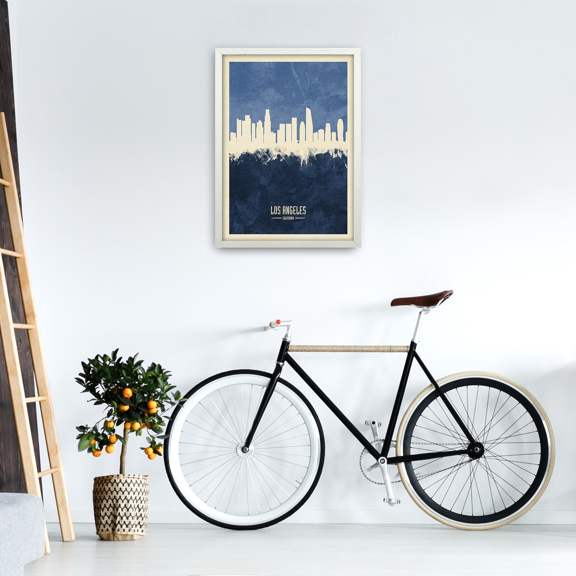 Los Angeles California Skyline Portrait Navy Art Print by Michael Tompsett A2 Oak Frame