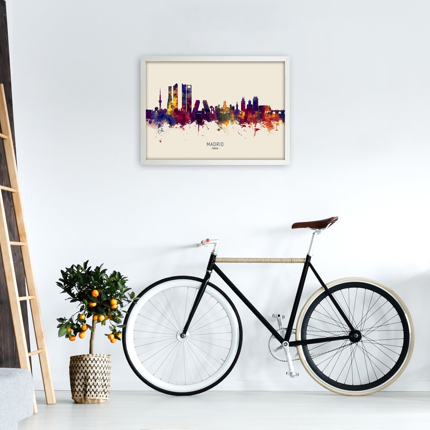 Madrid Spain Skyline Autumn City Name Art Print by Michael Tompsett A2 Oak Frame