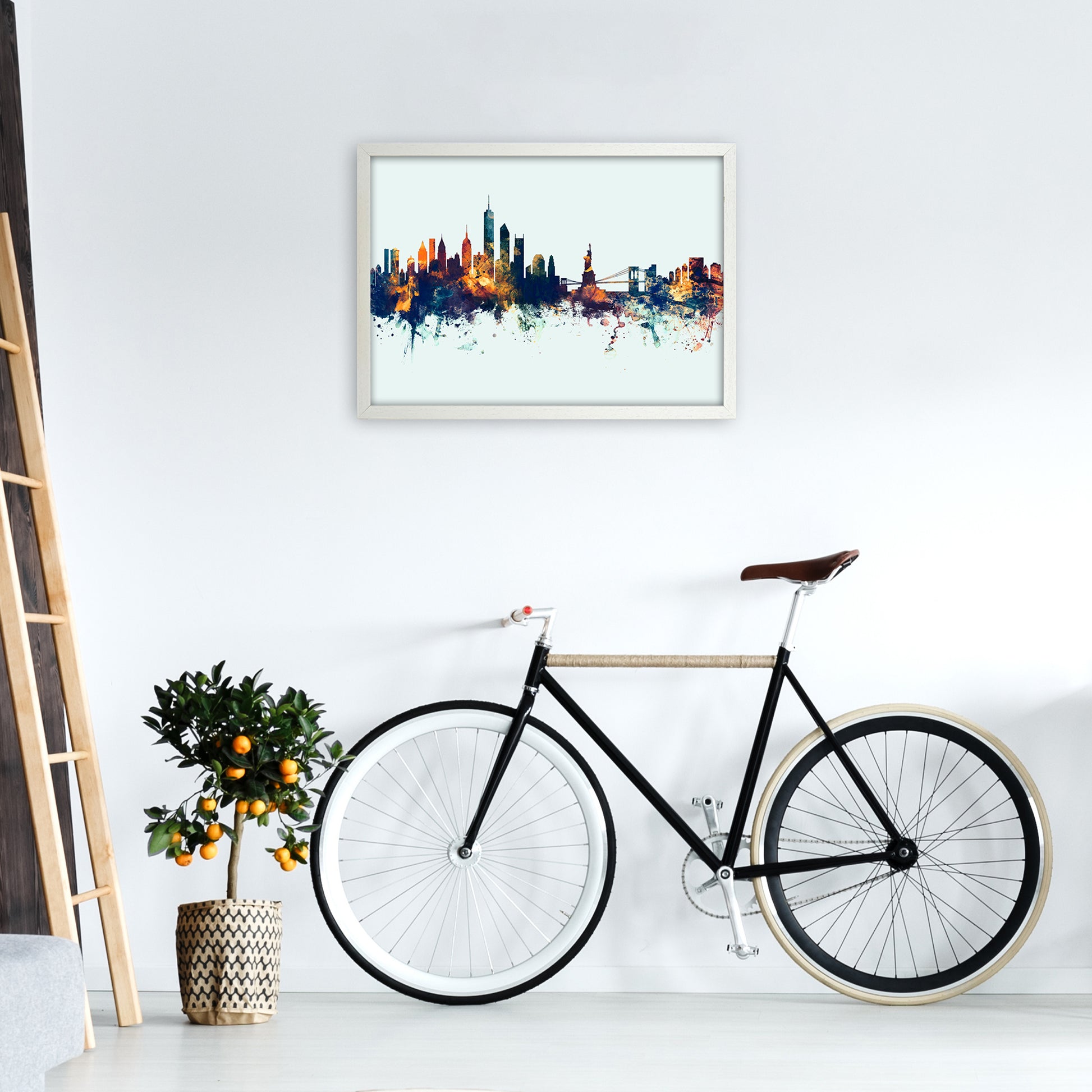 New York New York Skyline Blue Orange Art Print by Michael Tompsett A2 Oak Frame
