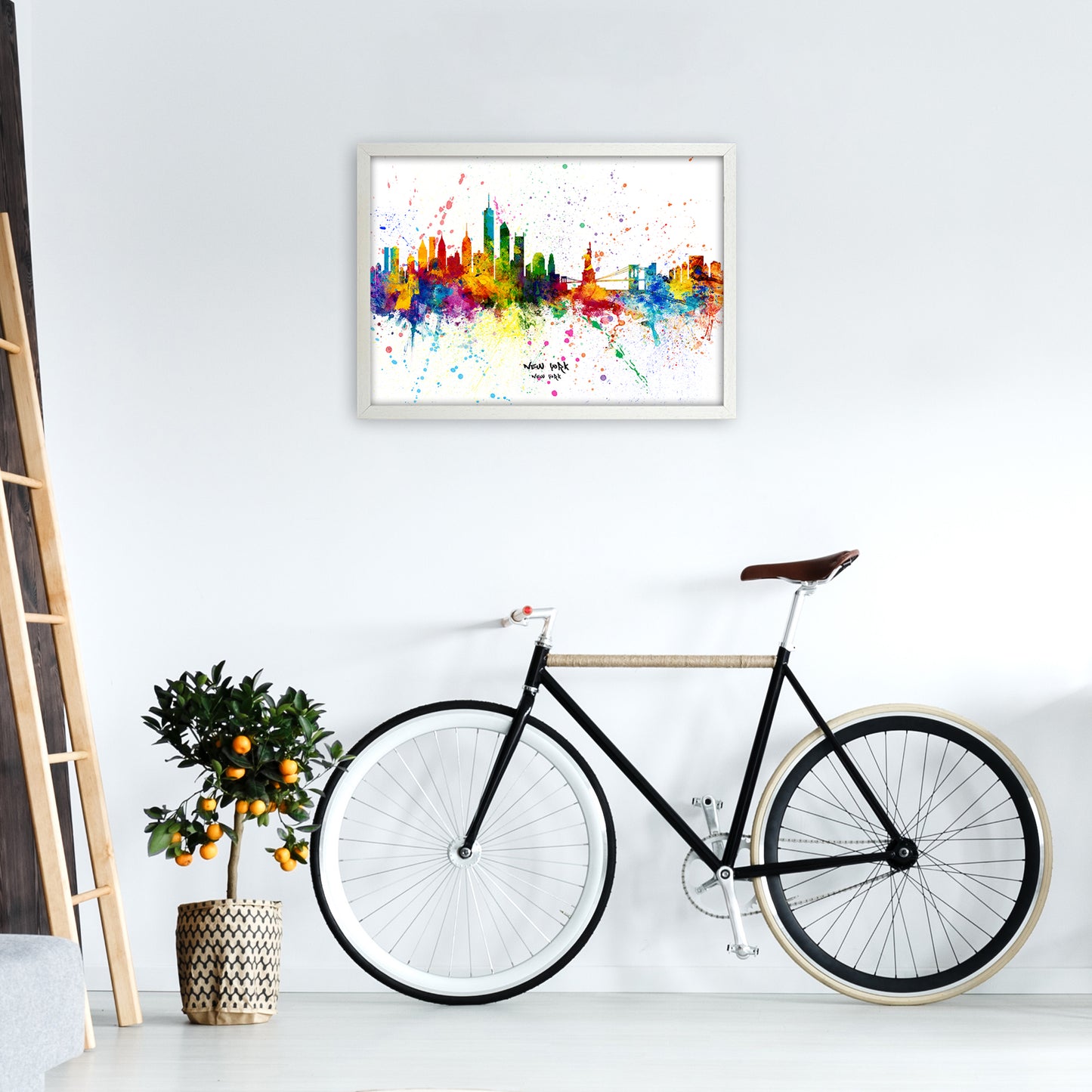 New York New York Skyline Splash Art Print by Michael Tompsett A2 Oak Frame