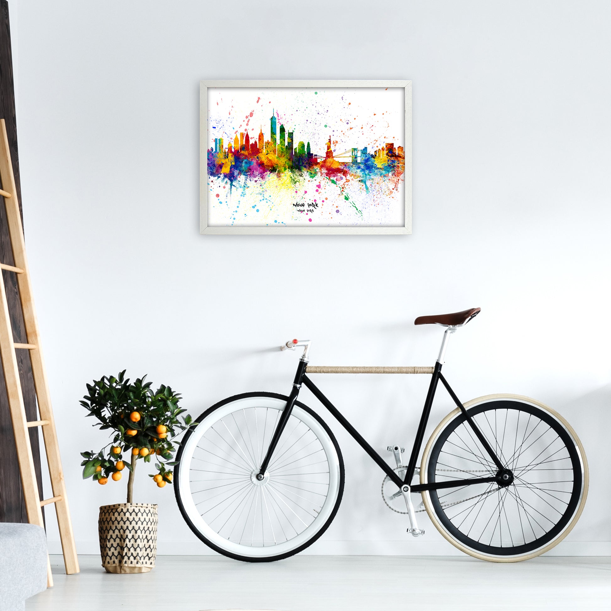 New York New York Skyline Splash Art Print by Michael Tompsett A2 Oak Frame