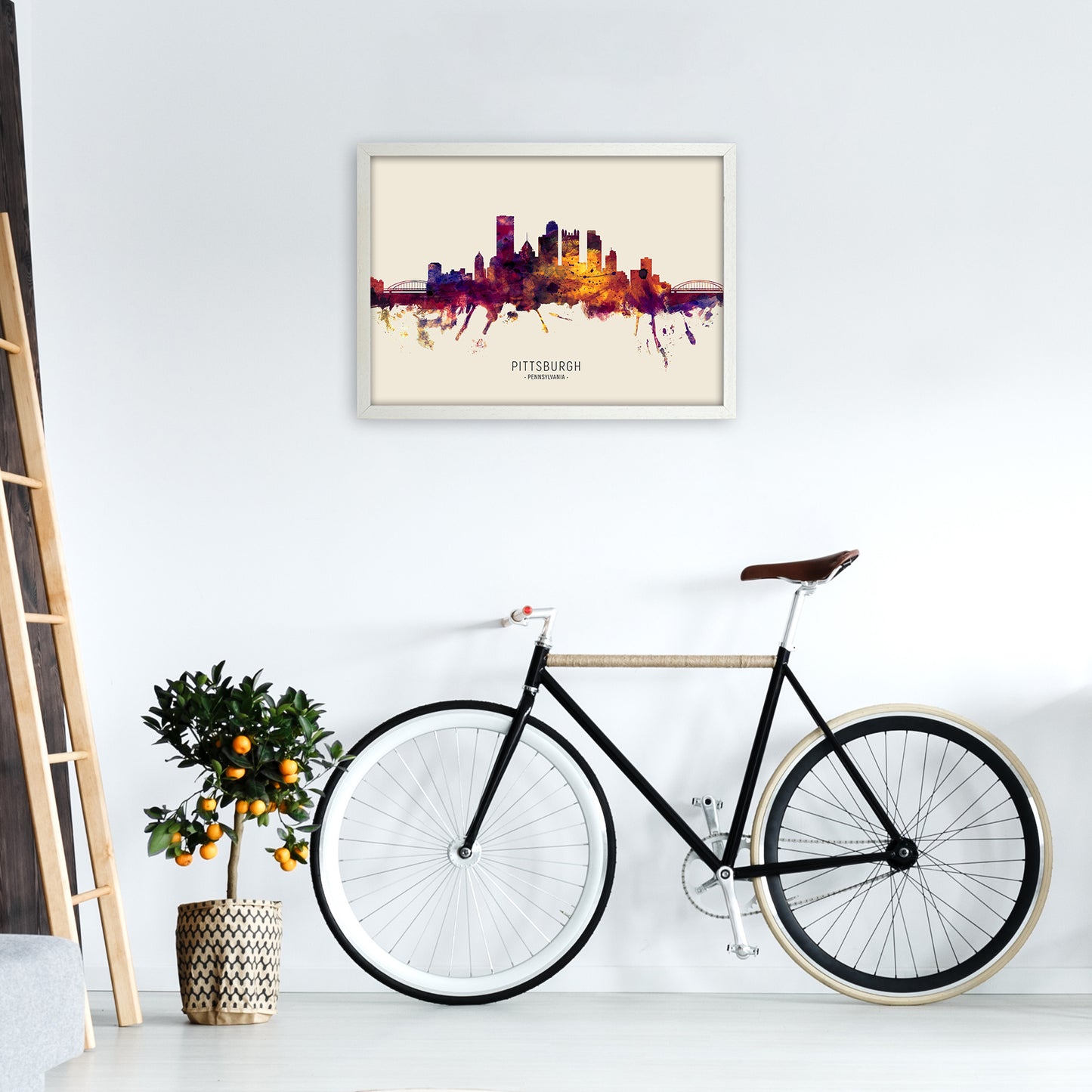 Pittsburgh Pennsylvania Skyline Autumn City Name Art Print by Michael Tompsett A2 Oak Frame