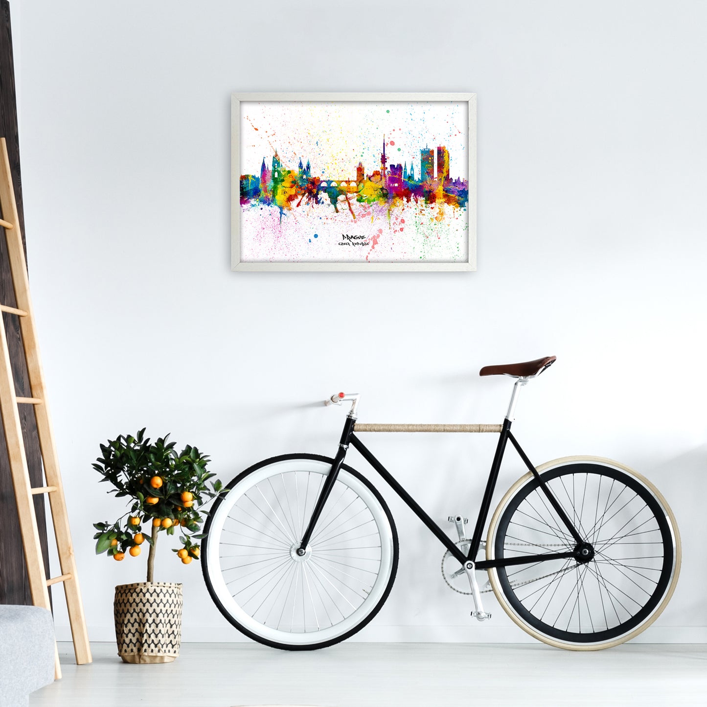Prague Czech Republic Skyline Splash Art Print by Michael Tompsett A2 Oak Frame