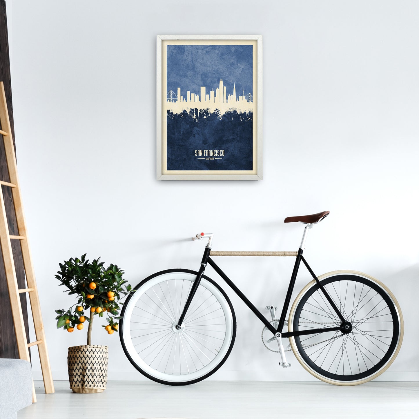 San Francisco California Skyline Portrait Navy Art Print by Michael Tompsett A2 Oak Frame