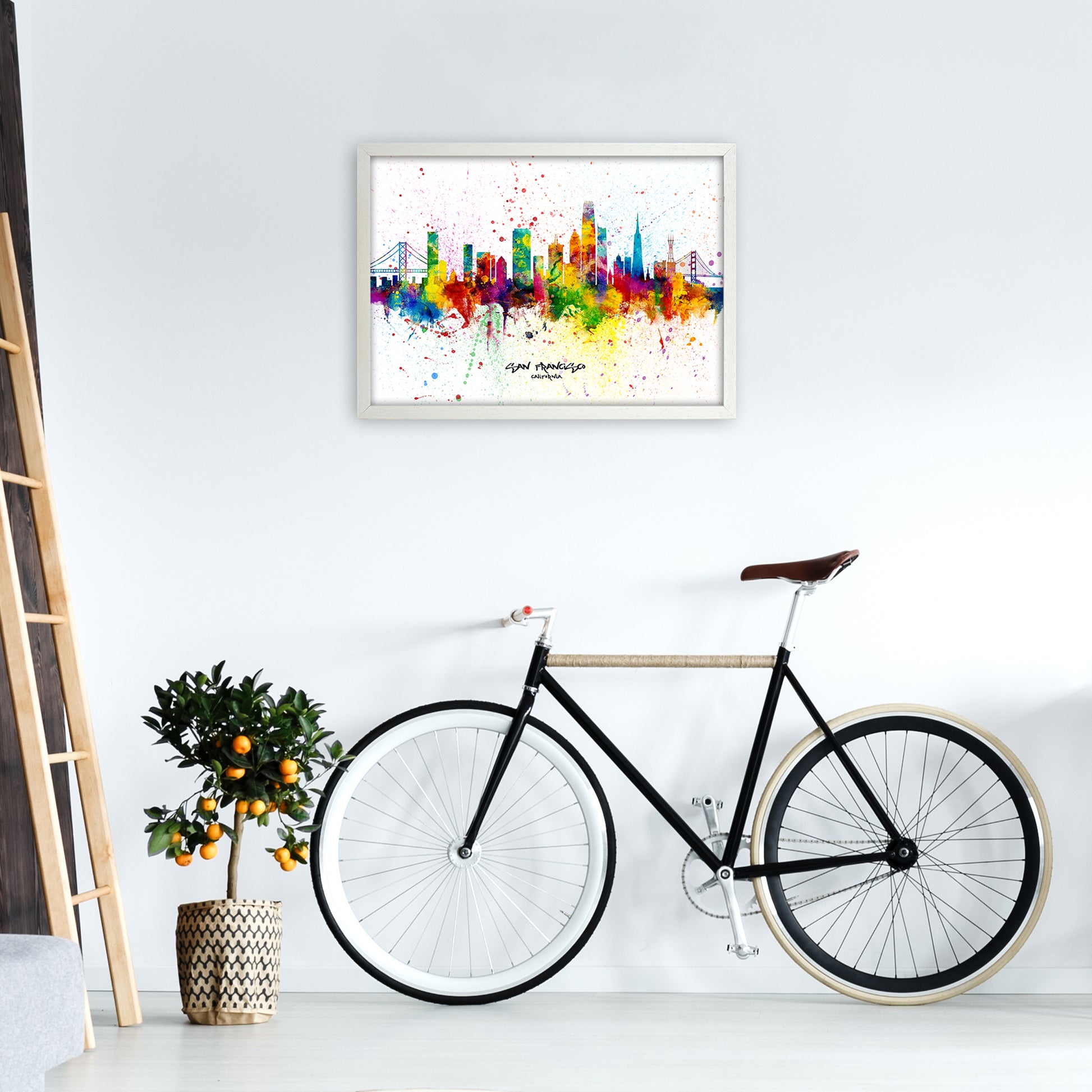 San Francisco California Skyline Splash Art Print by Michael Tompsett A2 Oak Frame