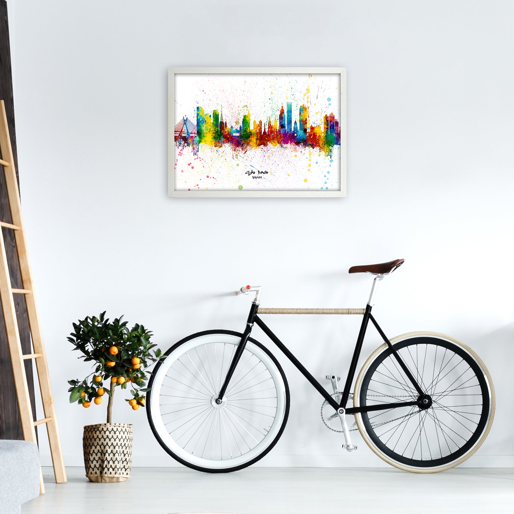 Sao Paulo Brazil Skyline Splash Art Print by Michael Tompsett A2 Oak Frame