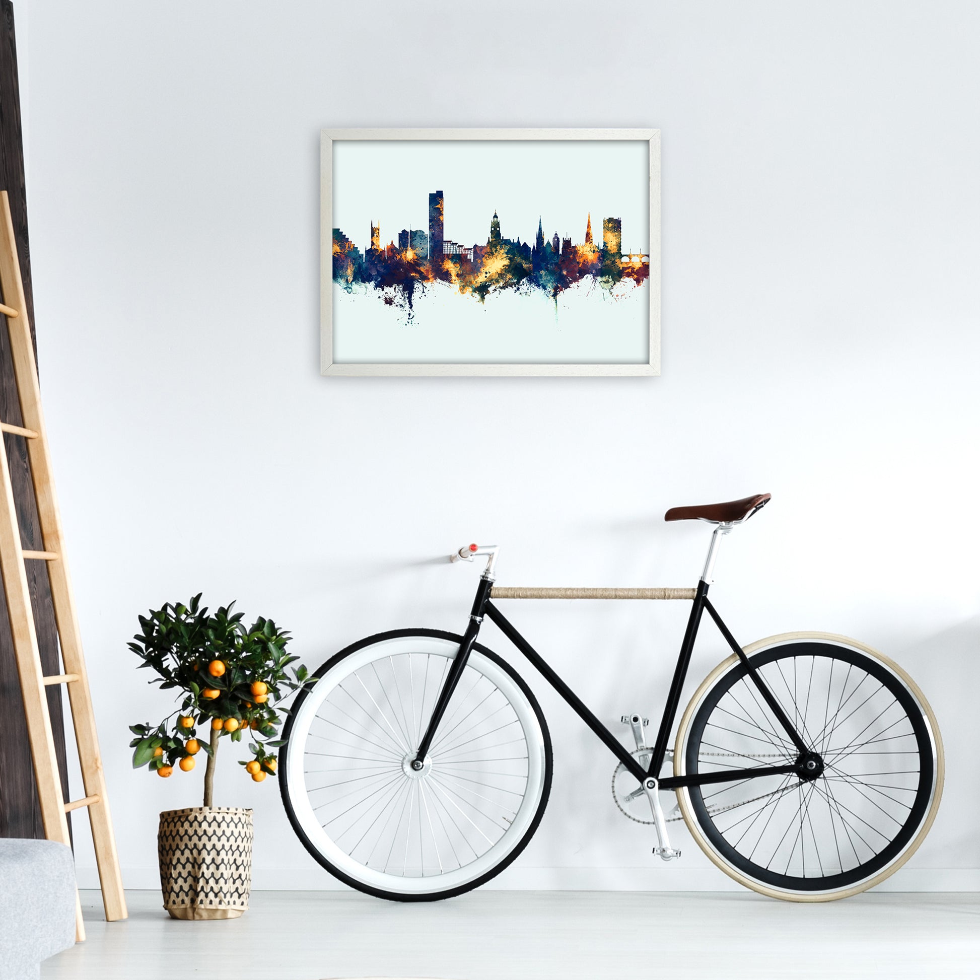 Sheffield England Skyline Blue Orange Art Print by Michael Tompsett A2 Oak Frame