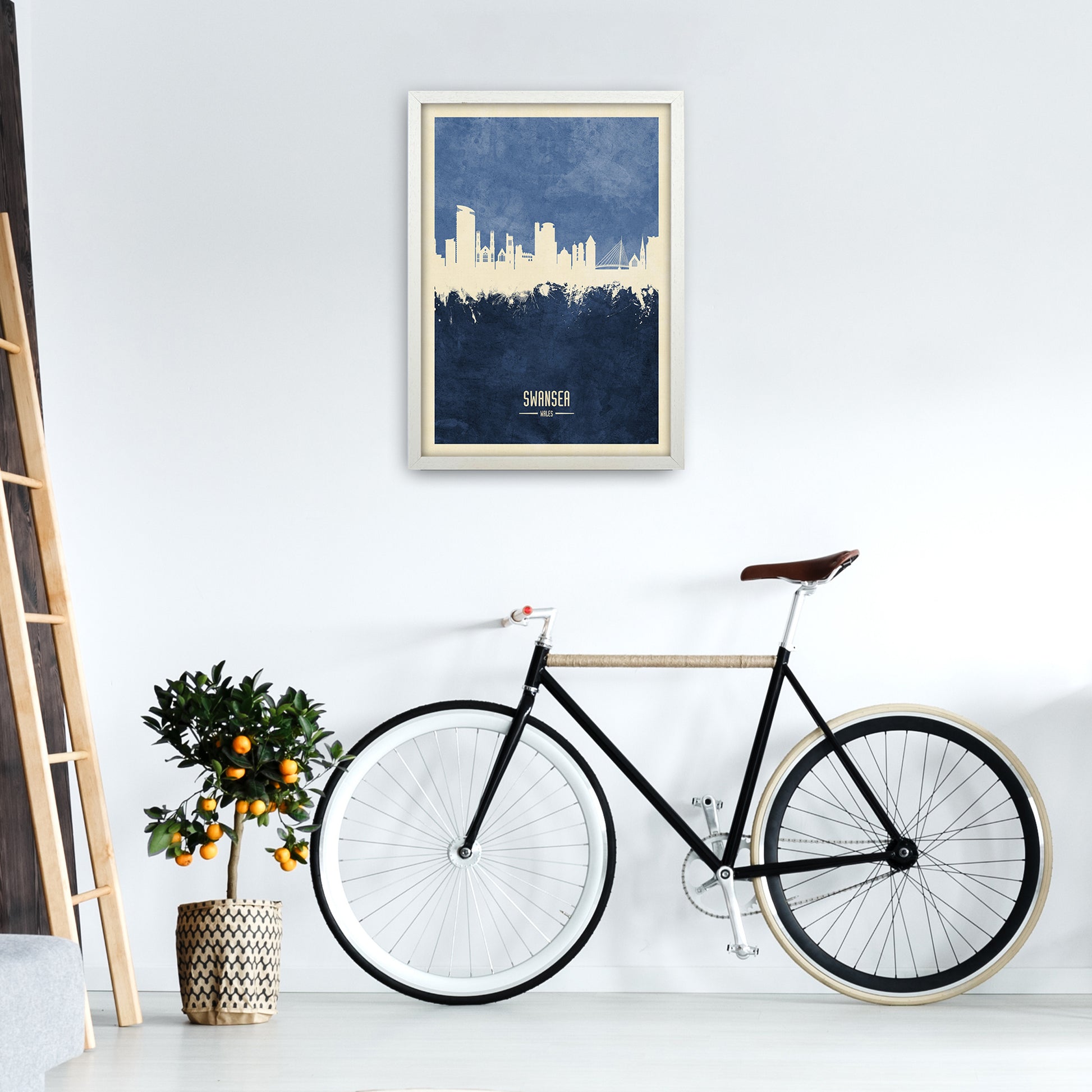 Swansea Wales Skyline Portrait Navy Art Print by Michael Tompsett A2 Oak Frame