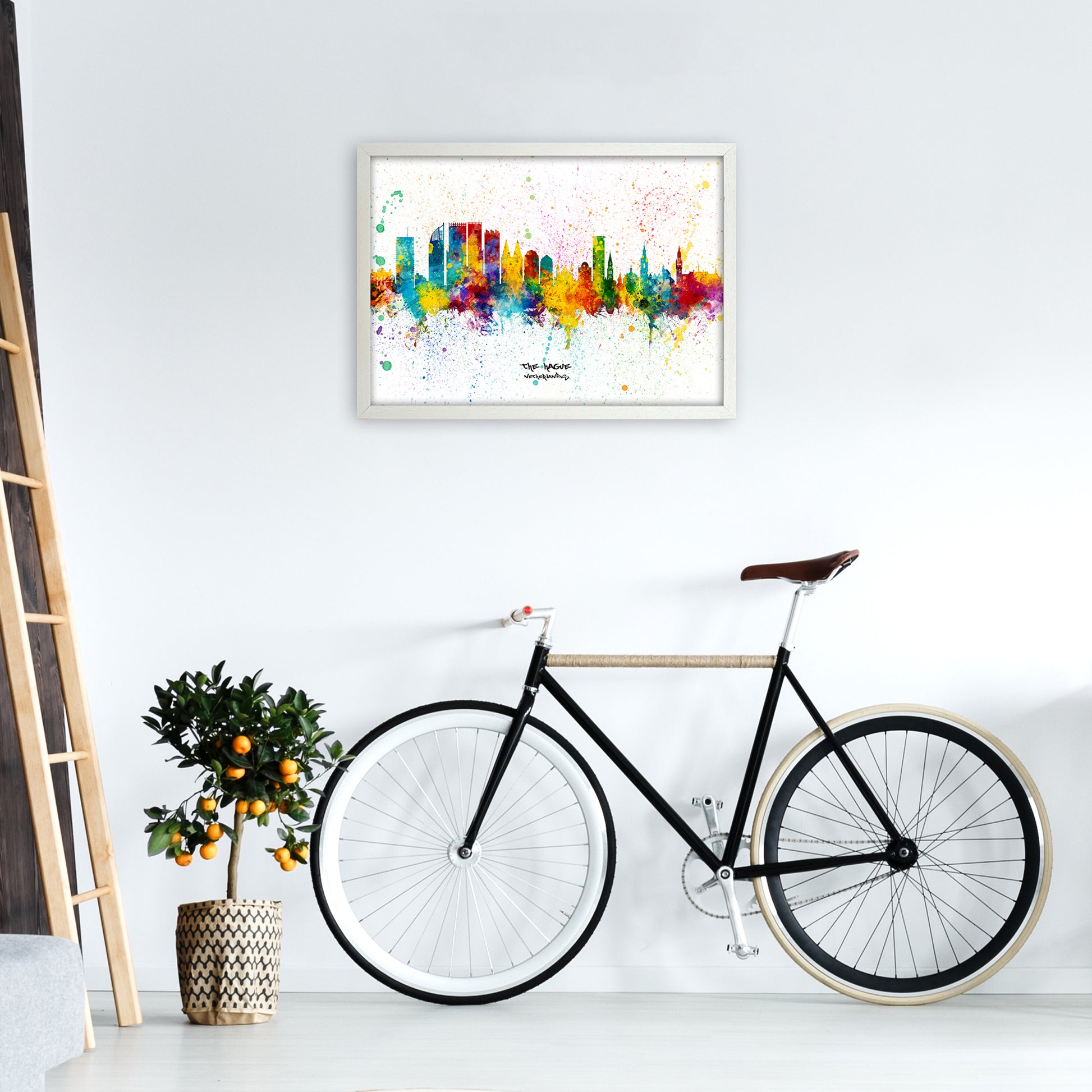 The Hague Netherlands Skyline Splash Art Print by Michael Tompsett A2 Oak Frame
