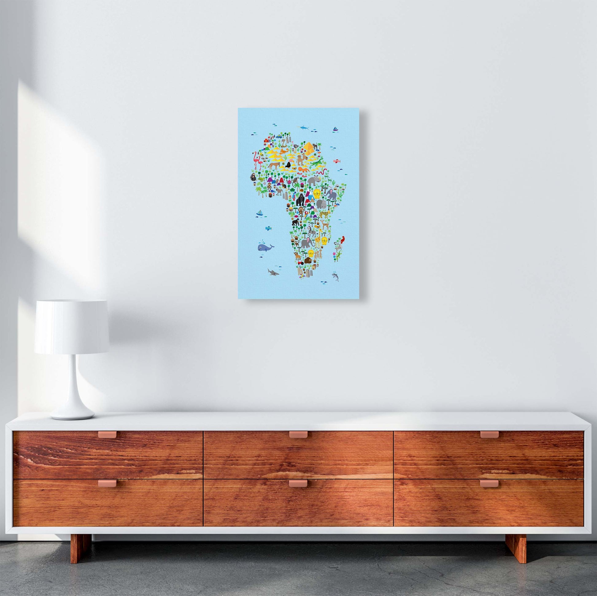 Animal Map of Africa Blue Nursery Print by Michael Tompsett A3 Canvas