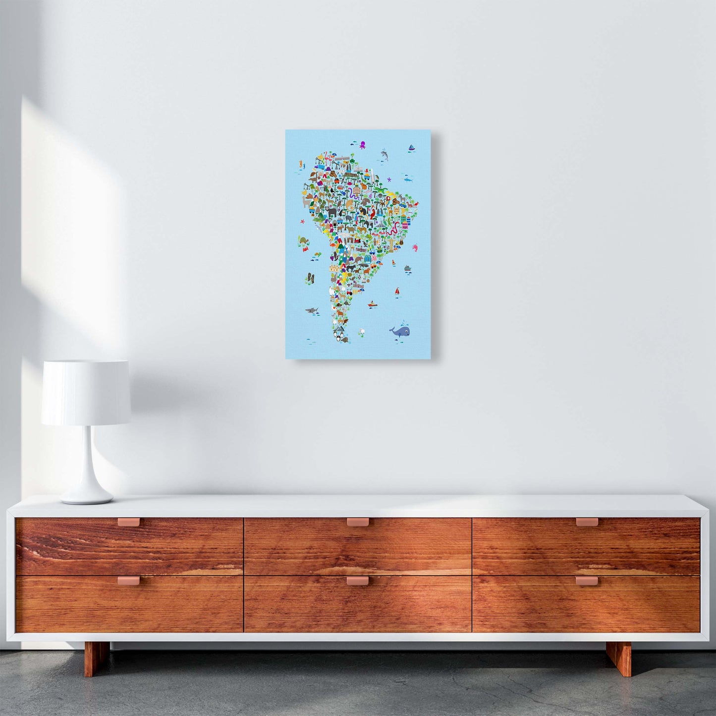 Animal Map of South America Blue Print by Michael Tompsett A3 Canvas