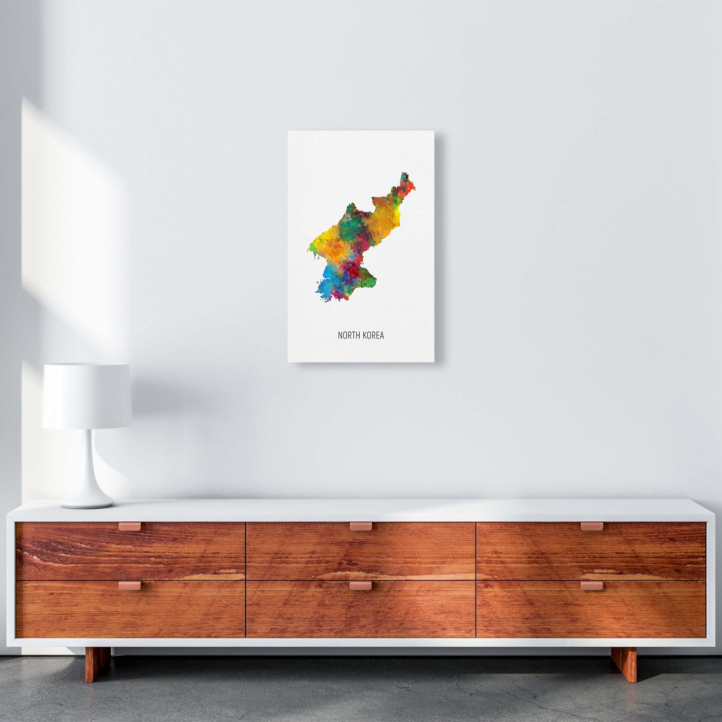 North Korea Watercolour Map Art Print by Michael Tompsett A3 Canvas
